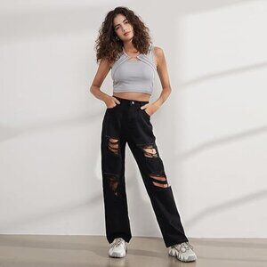 Genleck Y2K NWT BF Jeans Ripped High Waist Baggy Black Distressed Wide Leg S